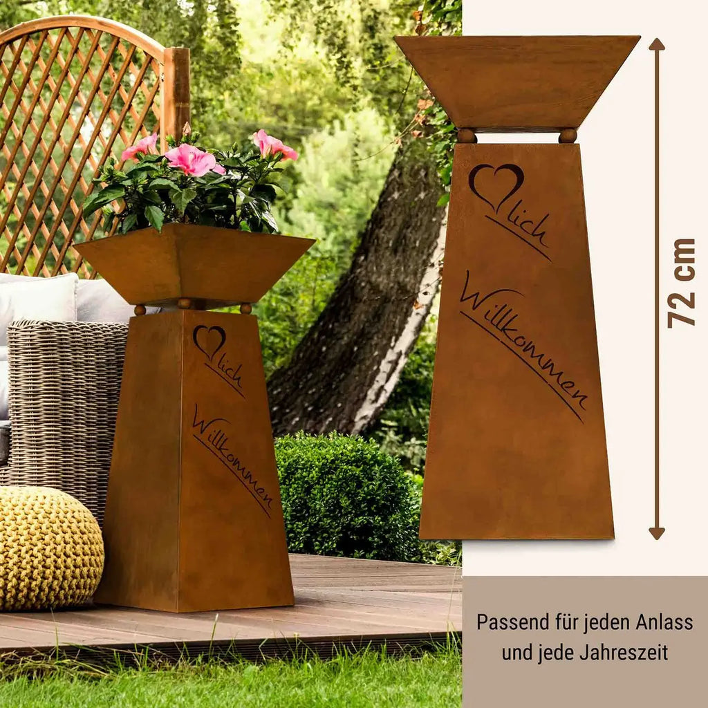 Edelrost Säule „Herzlich Willkommen“ mit Pflanzschale – 57 cm - Pille Gartenwelt