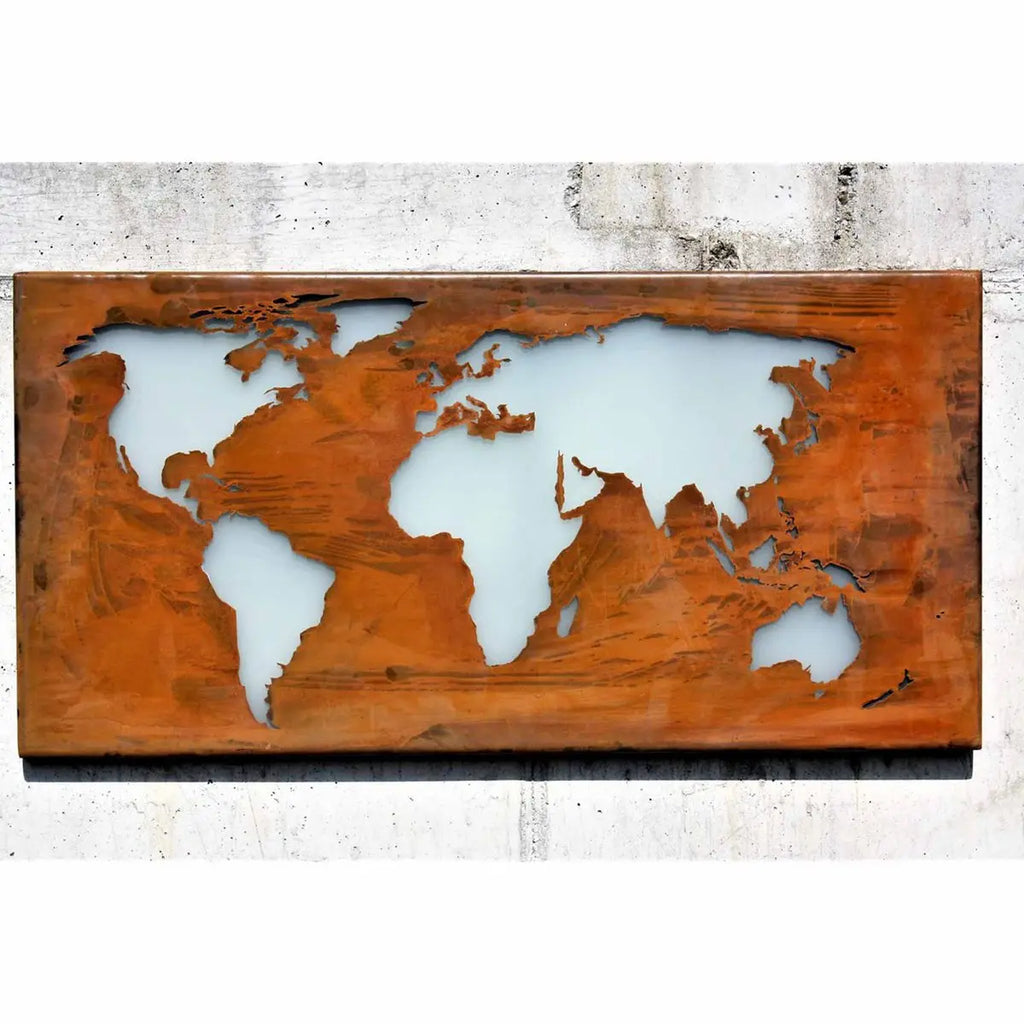 Weltkarte im Rost - Design für Zuhause und Büro | mit Glas 80 x 40 cm - Pille Gartenwelt