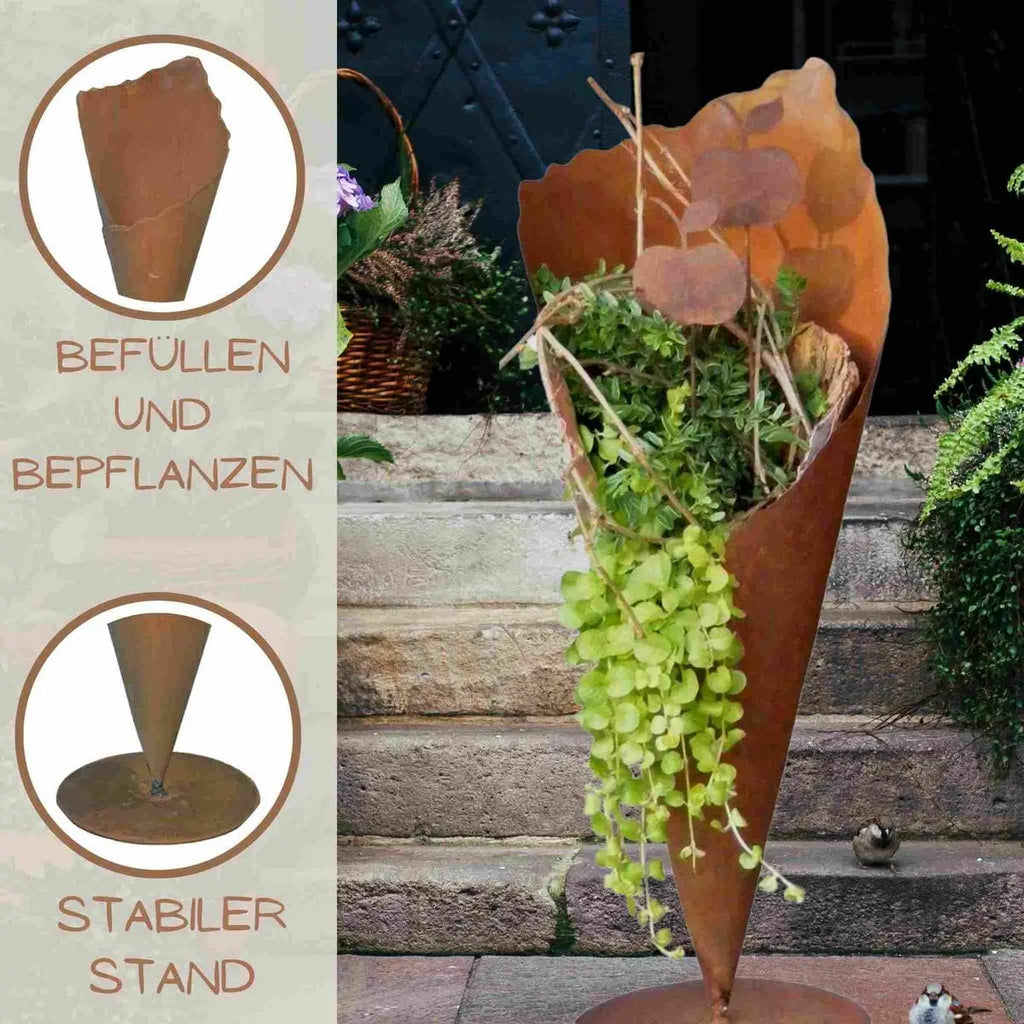 Edelrost Pflanztüte Bodenvase aus Metall – Vintage Pflanzvase 40/60 cm - Pille Gartenwelt