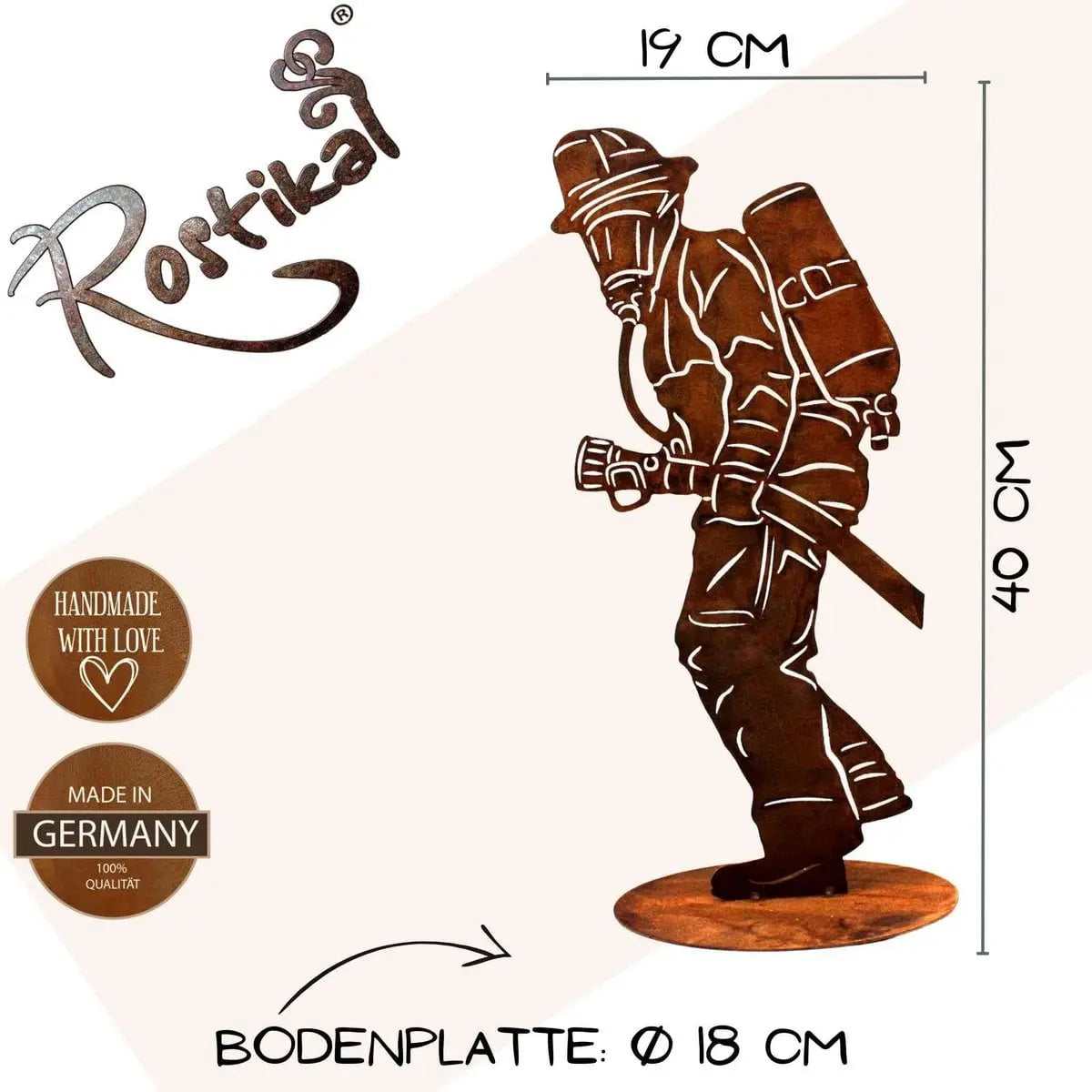 Edelrost Feuerwehrmann Skulptur – 20 cm oder 40 cm mit Bodenplatte - Pille Gartenwelt