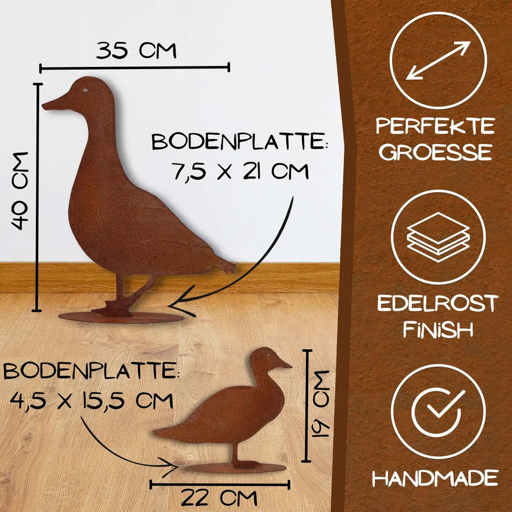 Edelrost Ente mit Bodenplatte – Entenküken, Entenmutter oder Set - Pille Gartenwelt