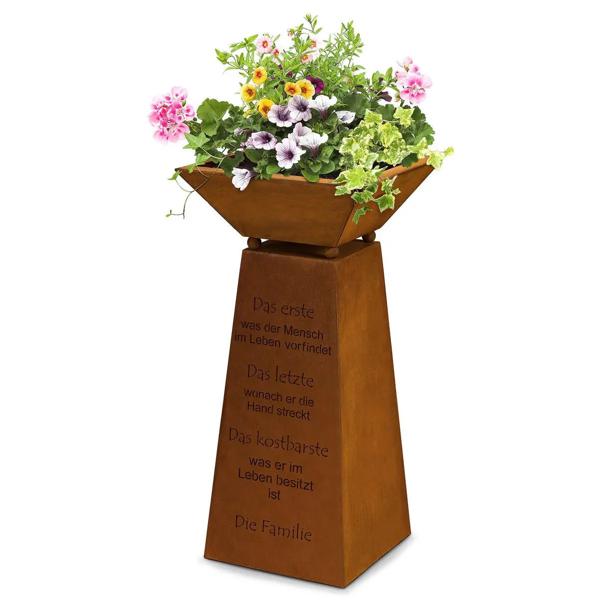 Edelrost Säule Familie mit Pflanzschale – Spruchsäule 57 cm Vintage - Pille Gartenwelt