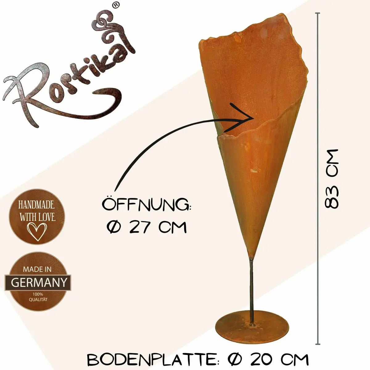 Edelrost Pflanztüte auf Stab mit Bodenplatte – Vintage 69/83 cm - Pille Gartenwelt