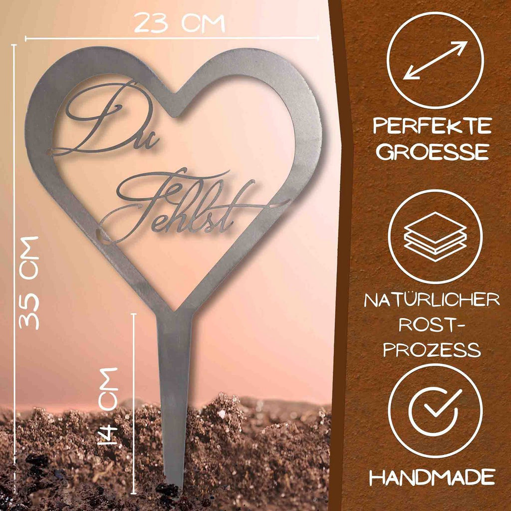 Herz Grabschmuck wetterfest aus Metall – Du fehlst & Unvergessen – Elegante Grabdekoration