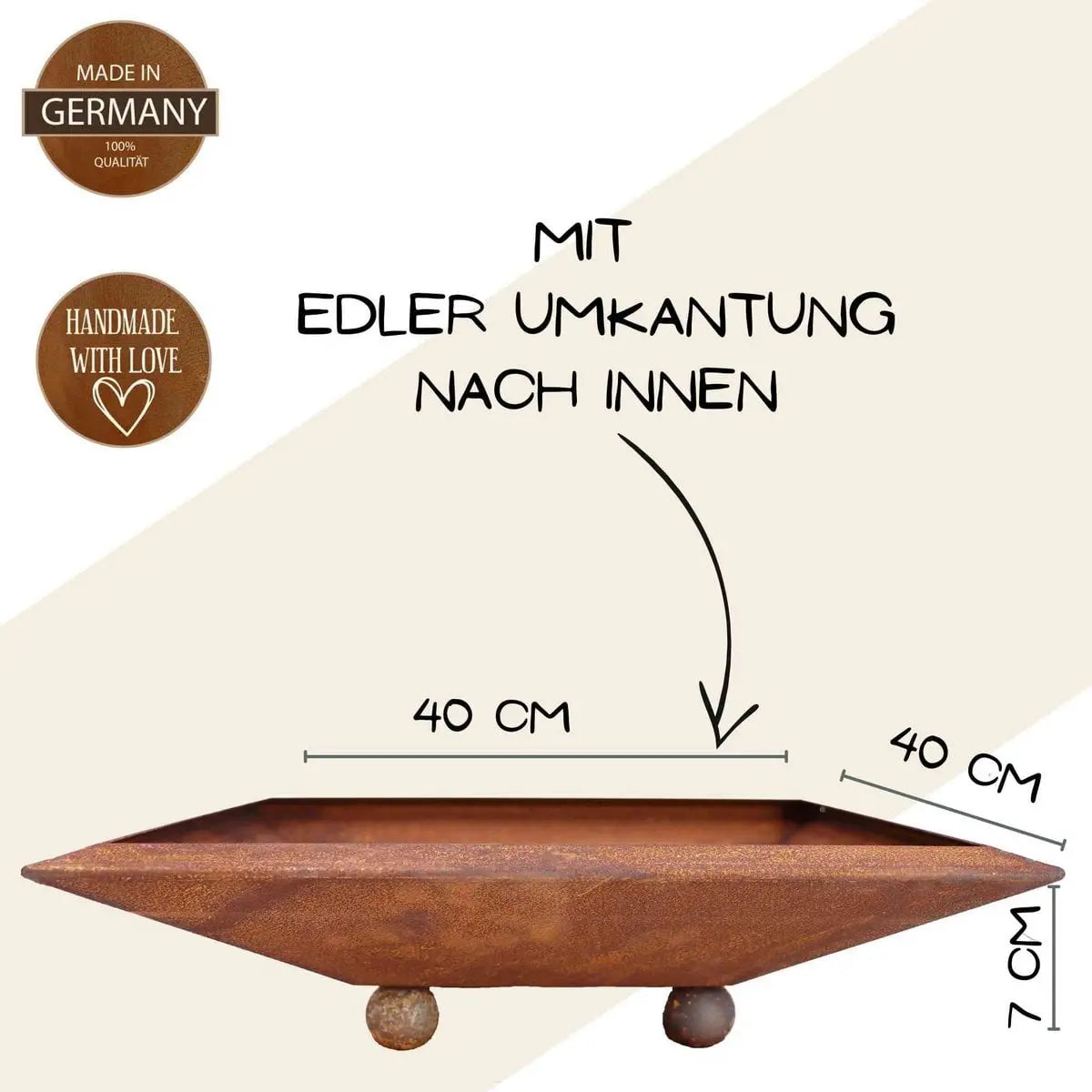 Edelrost Blumenschale eckig aus Cortenstahl – 30–70 cm, mit/ohne Kugeln - Pille Gartenwelt