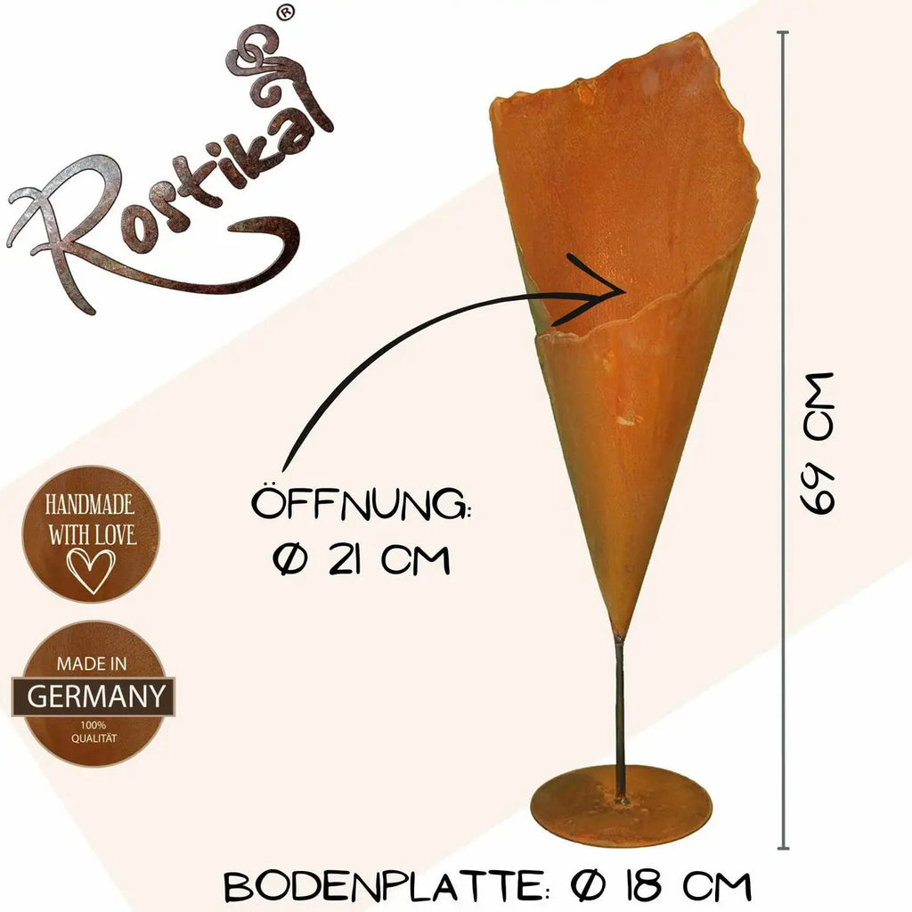 Edelrost Pflanztüte auf Stab mit Bodenplatte – Vintage 69/83 cm - Pille Gartenwelt