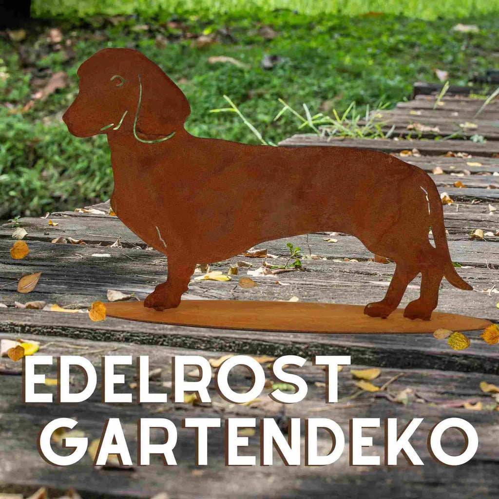 Edelrost Dackel „Waldi“ – Metall Dekofigur mit Bodenplatte 2 Größen - Pille Gartenwelt