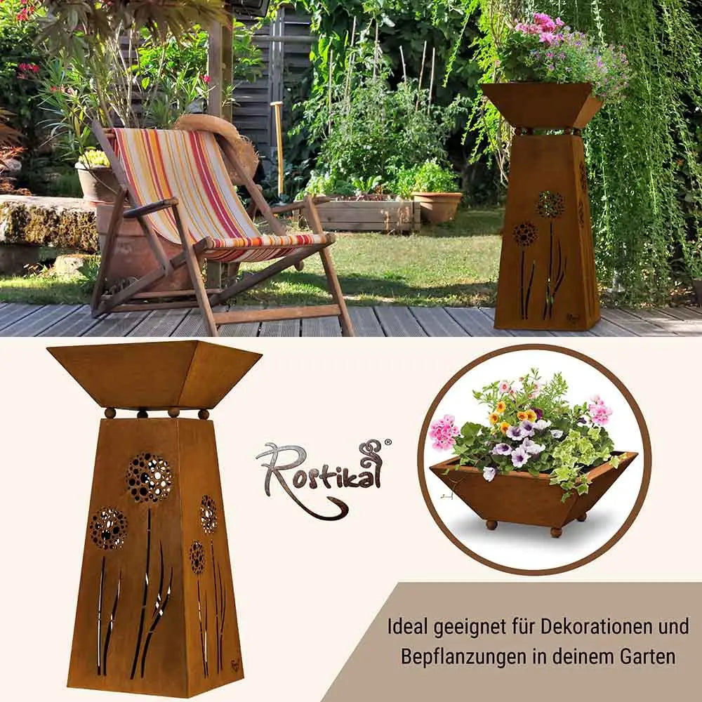Edelrost Säule Pusteblume mit Pflanzschale – Vintage Deko 57 cm - Pille Gartenwelt