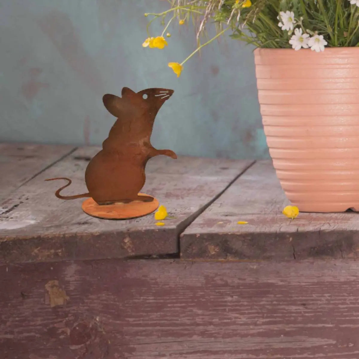 Edelrost Deko Maus – Metallfigur mit Bodenplatte Ø 9 cm 13,5 cm hoch - Pille Gartenwelt