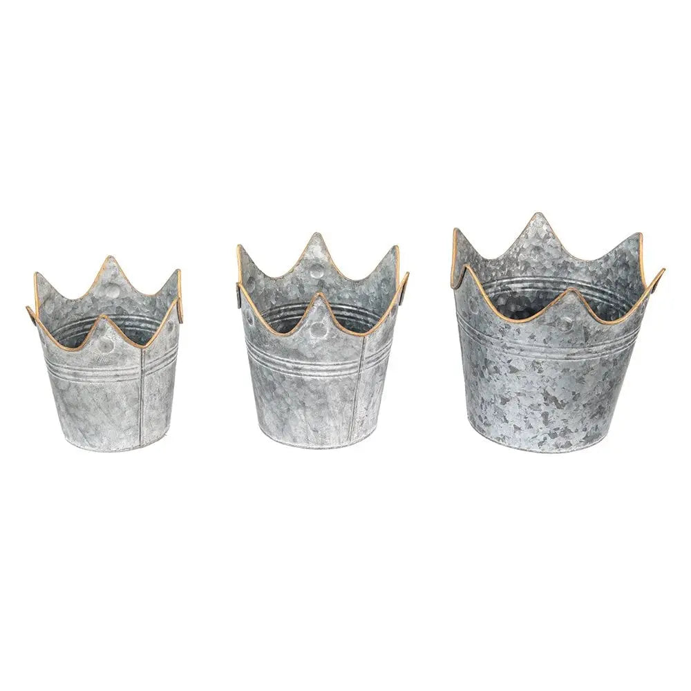 3er Set Pflanztöpfe Ø 24 Ø 21 Ø 19 cm grauer Pflanztopf Krone Metall Clayre & Eef.