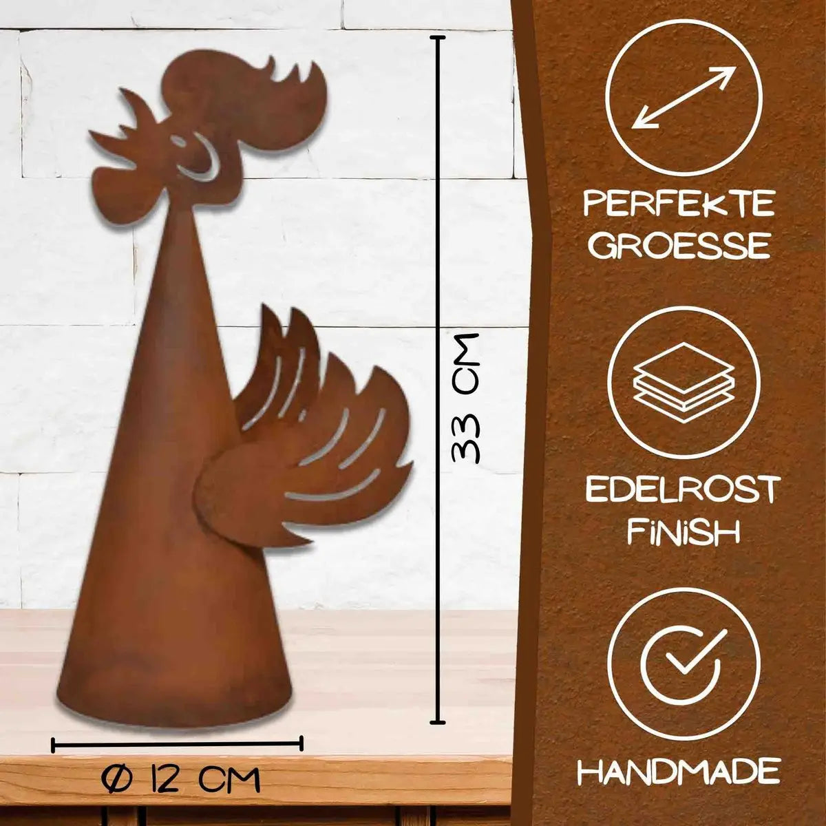 Edelrost Zaunhocker Hahn – Pfostenhocker aus Metall, Rost Gartendeko 33 cm - Pille Gartenwelt