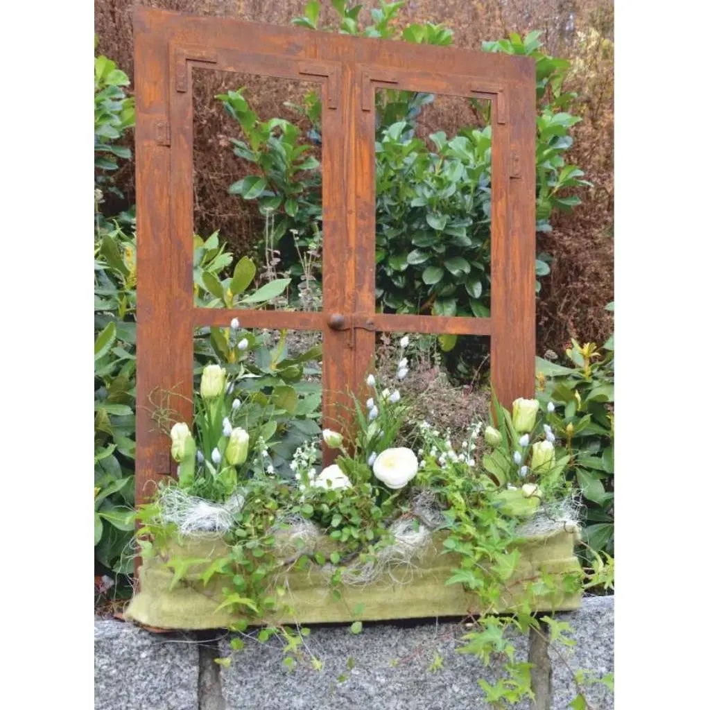 Edelrost Deko Fenster aus Metall – Vintage Gartendeko mit Bodenplatte (2 Größen) - Pille Gartenwelt