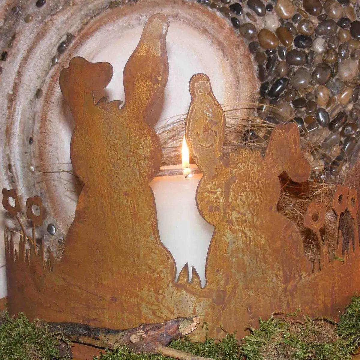 Edelrost Osterdeko Hasen auf Blumenwiese Ø33 cm Metall - Pille Gartenwelt