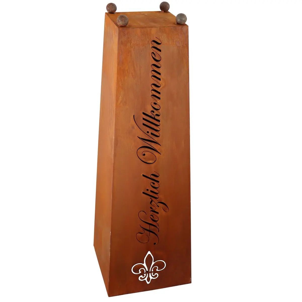 Edelrost Dekosäule „Herzlich Willkommen“ mit optionaler Schale - Pille Gartenwelt