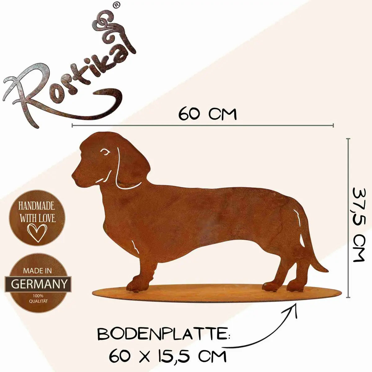 Edelrost Dackel „Waldi“ – Metall Dekofigur mit Bodenplatte 2 Größen - Pille Gartenwelt