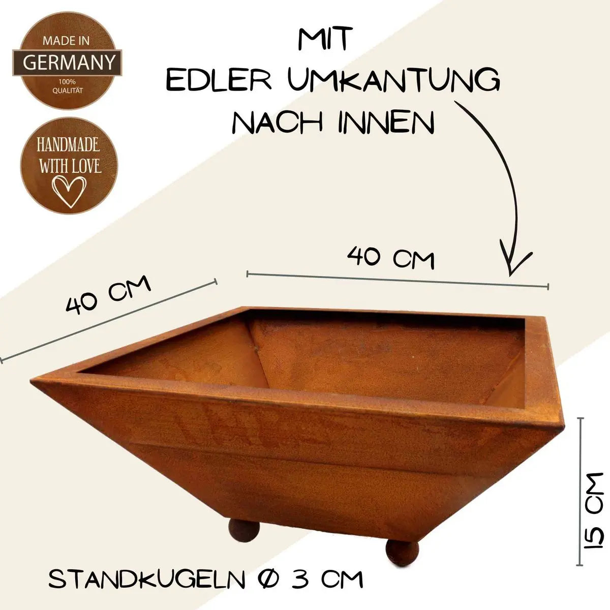 Edelrost Pflanzschale 40×40 oder 50×50 cm – 15 cm tief, mit/ohne Kugeln - Pille Gartenwelt