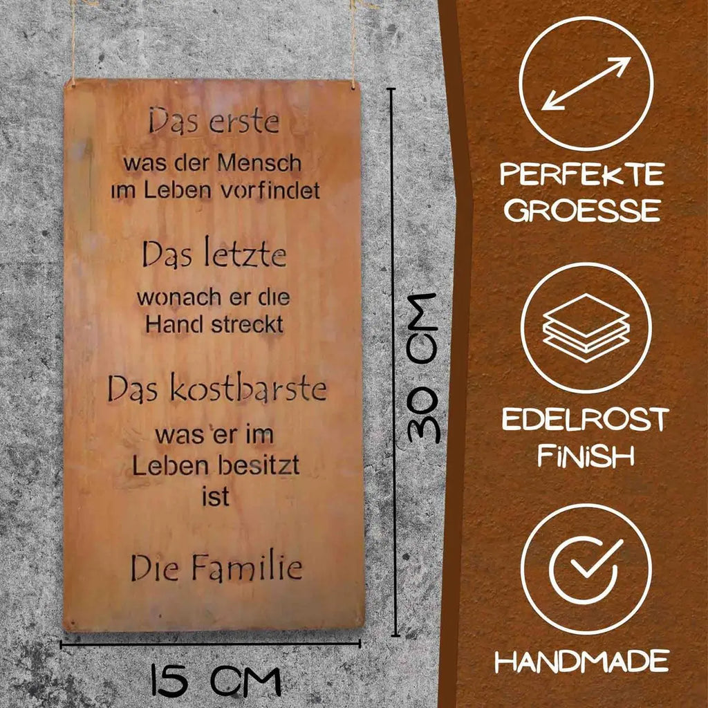 Edelrost Spruchtafel „Die Familie“ – Metallschild im Shabby Chic Look (2 Größen) - Pille Gartenwelt