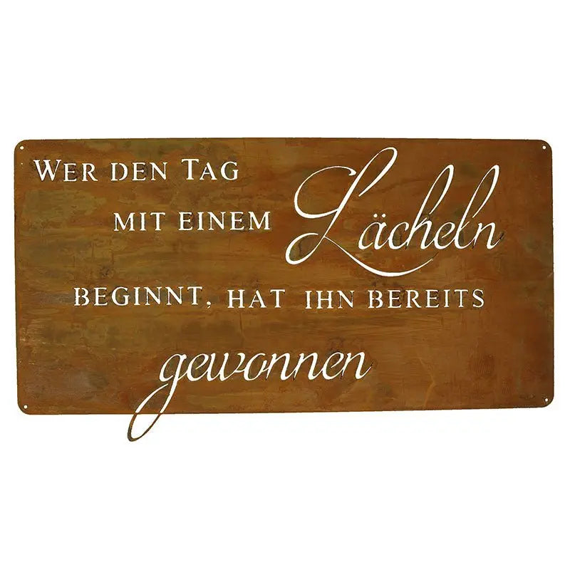 Rostschild „Wer den Tag mit einem Lächeln beginnt…“ – 50×25 cm - Pille Gartenwelt