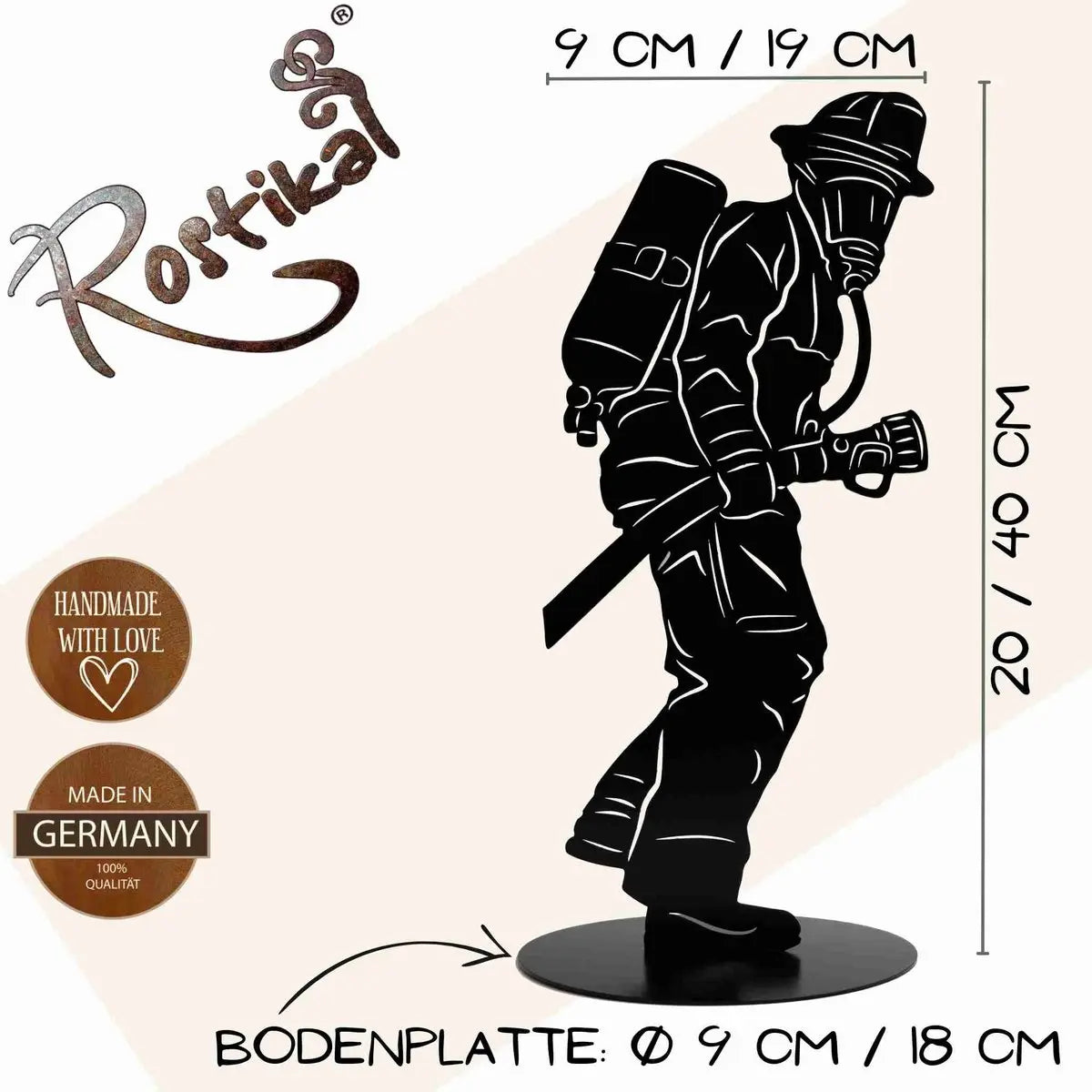 Feuerwehrmann Figur schwarz matt – Metall Skulptur 20/40 cm mit Bodenplatte - Pille Gartenwelt