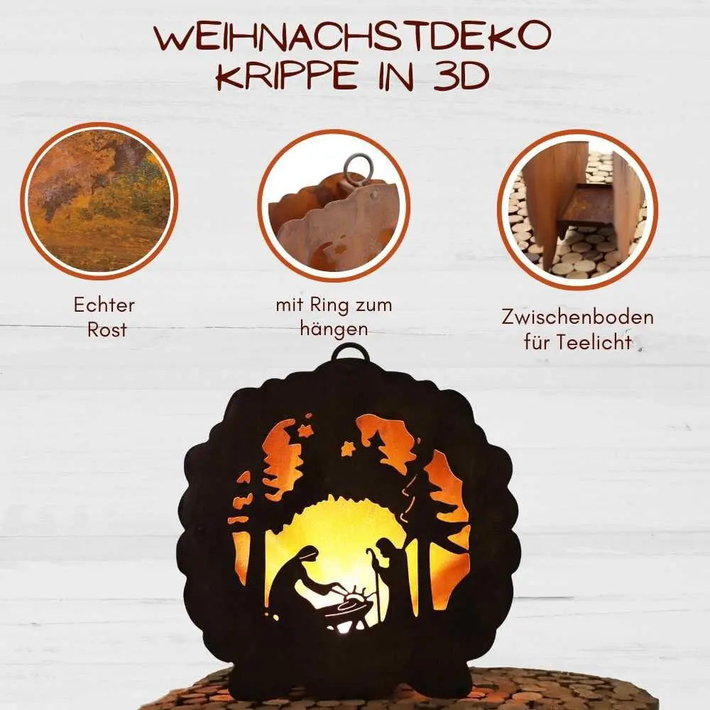 Edelrost Weihnachtskrippe zum Hängen mit Teelichthalter 26 cm - Pille Gartenwelt