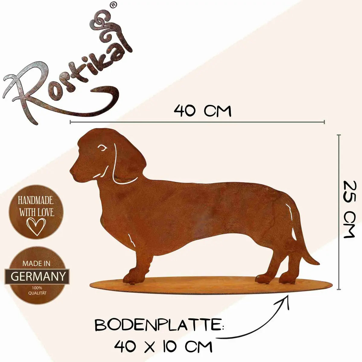 Edelrost Dackel „Waldi“ – Metall Dekofigur mit Bodenplatte 2 Größen - Pille Gartenwelt