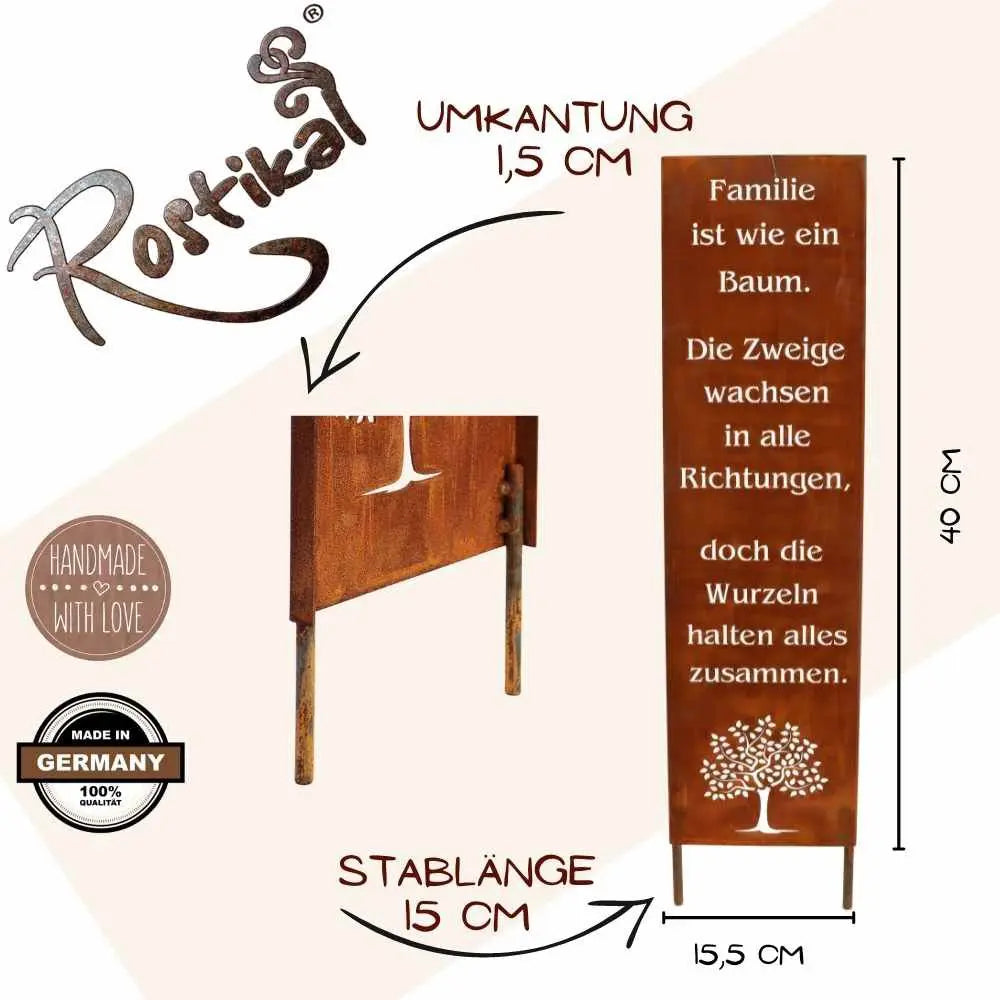 Edelrost Gartenschild mit Spruch – Spruchtafel mit Stand oder Stab - Pille Gartenwelt