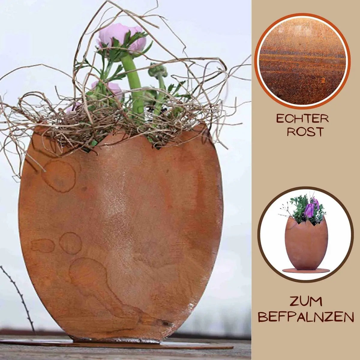 Osterei zum Bepflanzen | Metall Dekofigur für Ostern und Frühling | Edelrost Gartendeko - Pille Gartenwelt