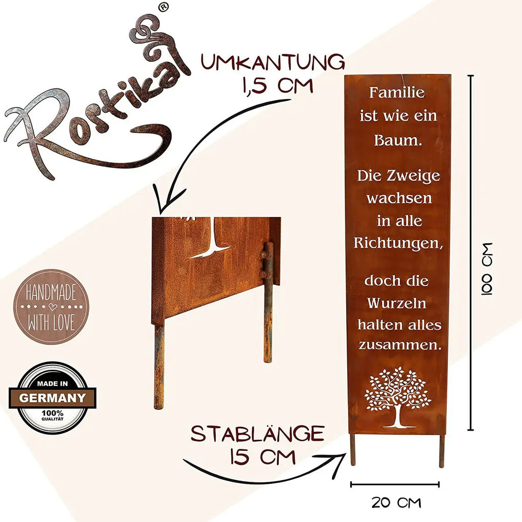 Edelrost Gartenschild mit Spruch – Spruchtafel mit Stand oder Stab - Pille Gartenwelt