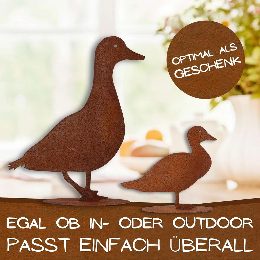 Edelrost Ente mit Bodenplatte – Entenküken, Entenmutter oder Set - Pille Gartenwelt