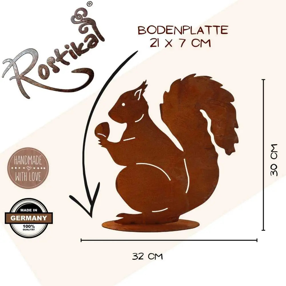 Edelrost Eichhörnchen Figur mit Nuss – Metall Deko 32 cm mit Platte | Herbst Deko - Pille Gartenwelt