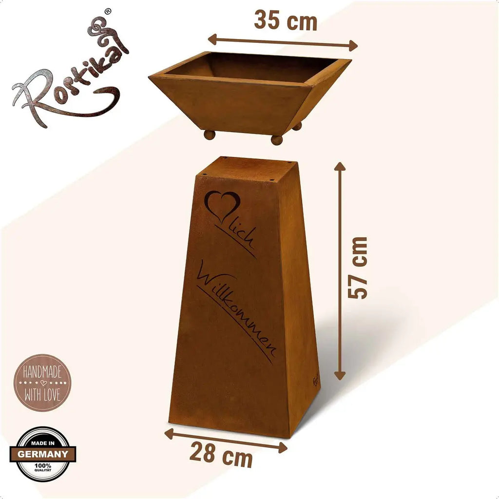 Edelrost Säule „Herzlich Willkommen“ mit Pflanzschale – 57 cm - Pille Gartenwelt