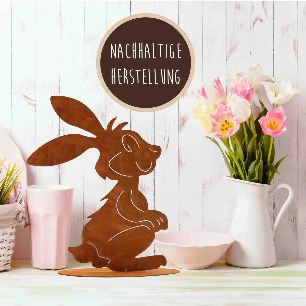 Edelrost Osterhase Herbert – Metall Dekofigur mit Bodenplatte 32 cm - Pille Gartenwelt