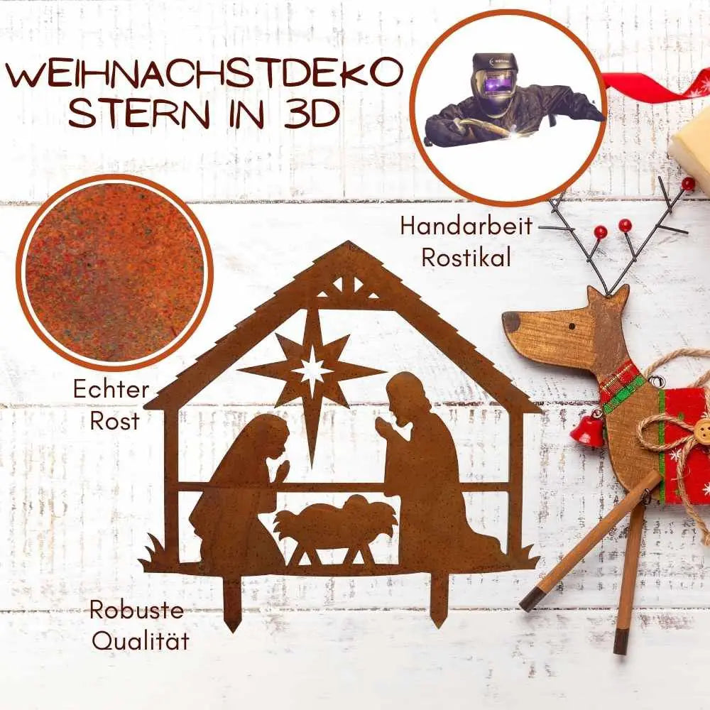 Edelrost Weihnachtskrippe mit Figuren – Bodenplatte oder zum Stecken - Pille Gartenwelt
