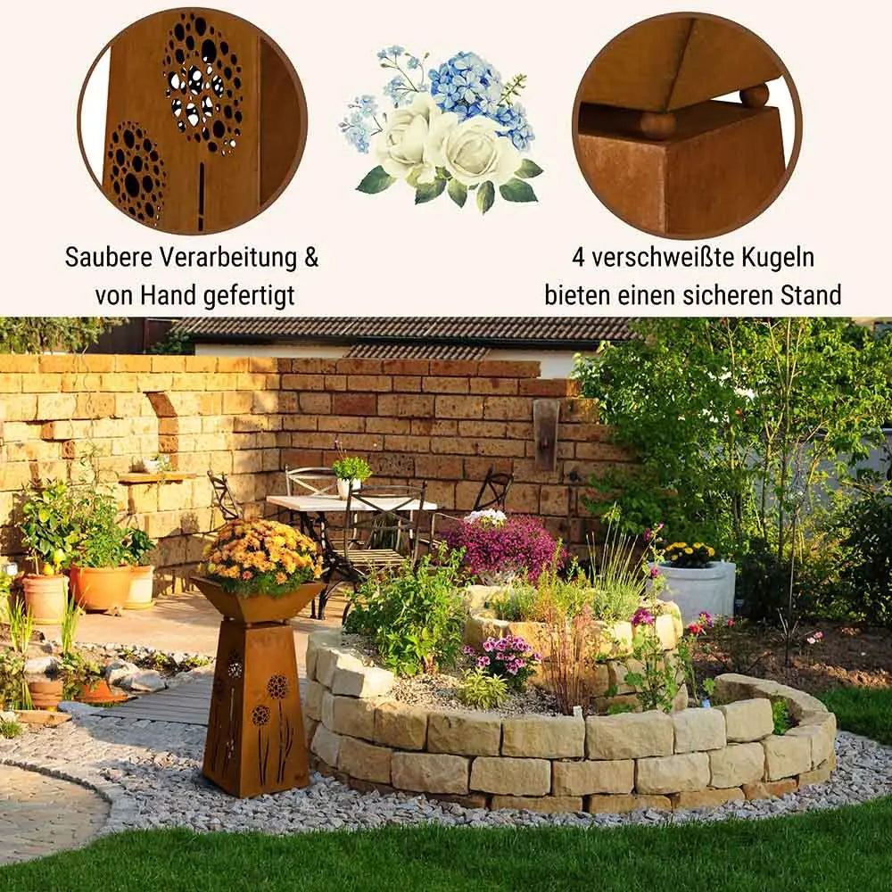Edelrost Säule Pusteblume mit Pflanzschale – Vintage Deko 57 cm - Pille Gartenwelt