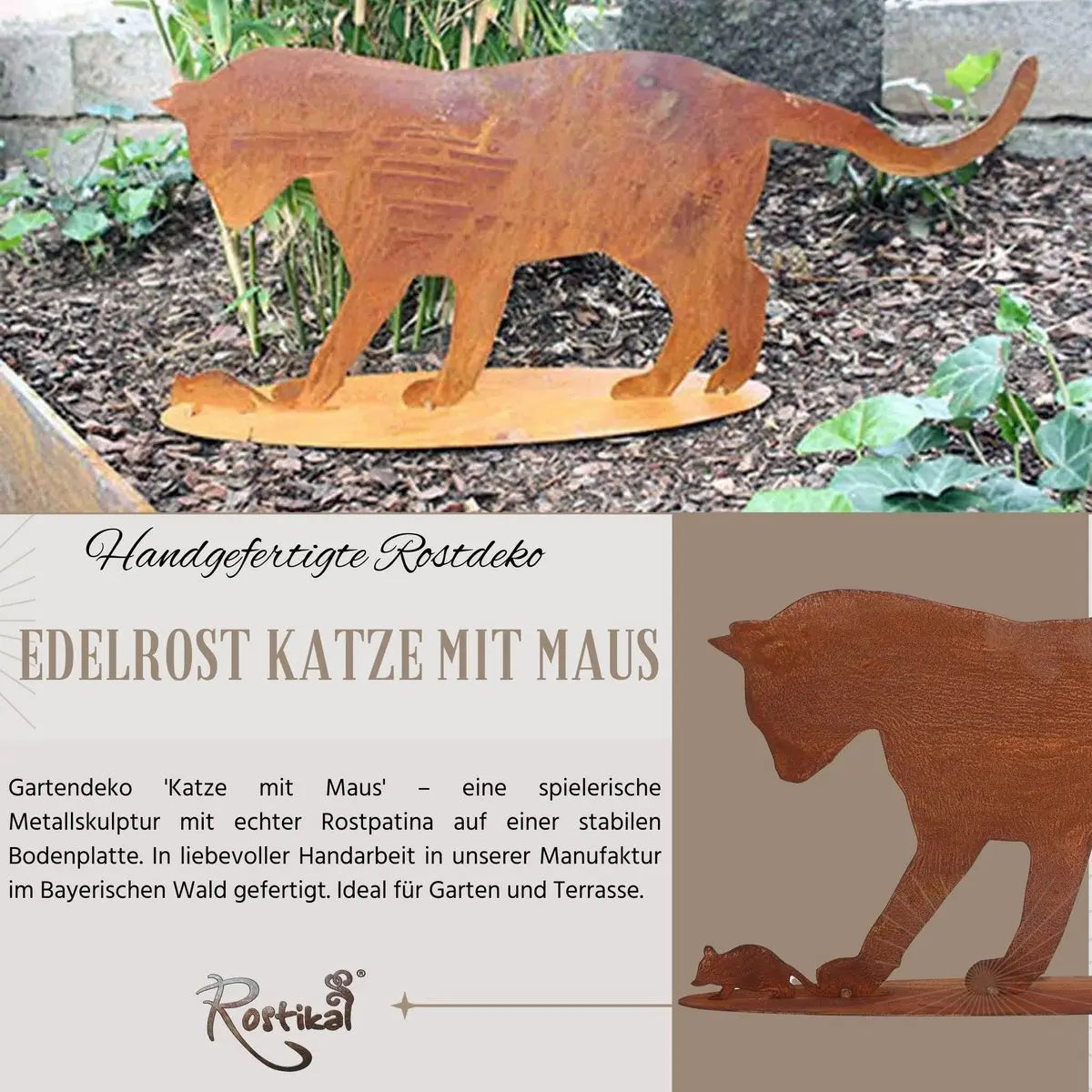 Edelrost Katze mit Maus „Hab ich dich!“ – Metall Dekofigur 57 cm Rostikal