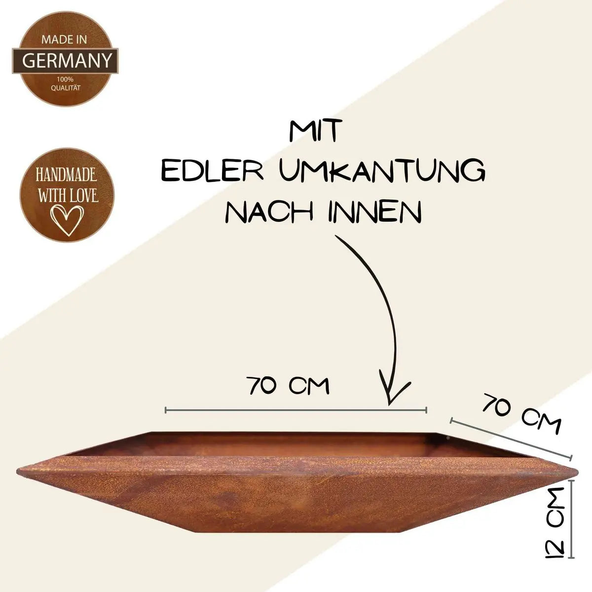 Edelrost Blumenschale eckig aus Cortenstahl – 30–70 cm, mit/ohne Kugeln - Pille Gartenwelt