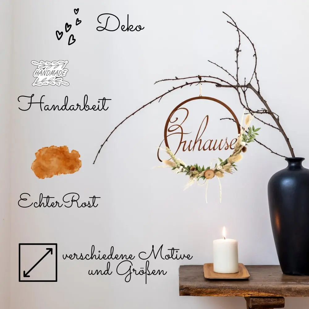 Edelrost Metall Ring „Zuhause“ – Türkranz/Wanddeko Ø 20/28/38 cm, optional Trockenblumen - Pille Gartenwelt