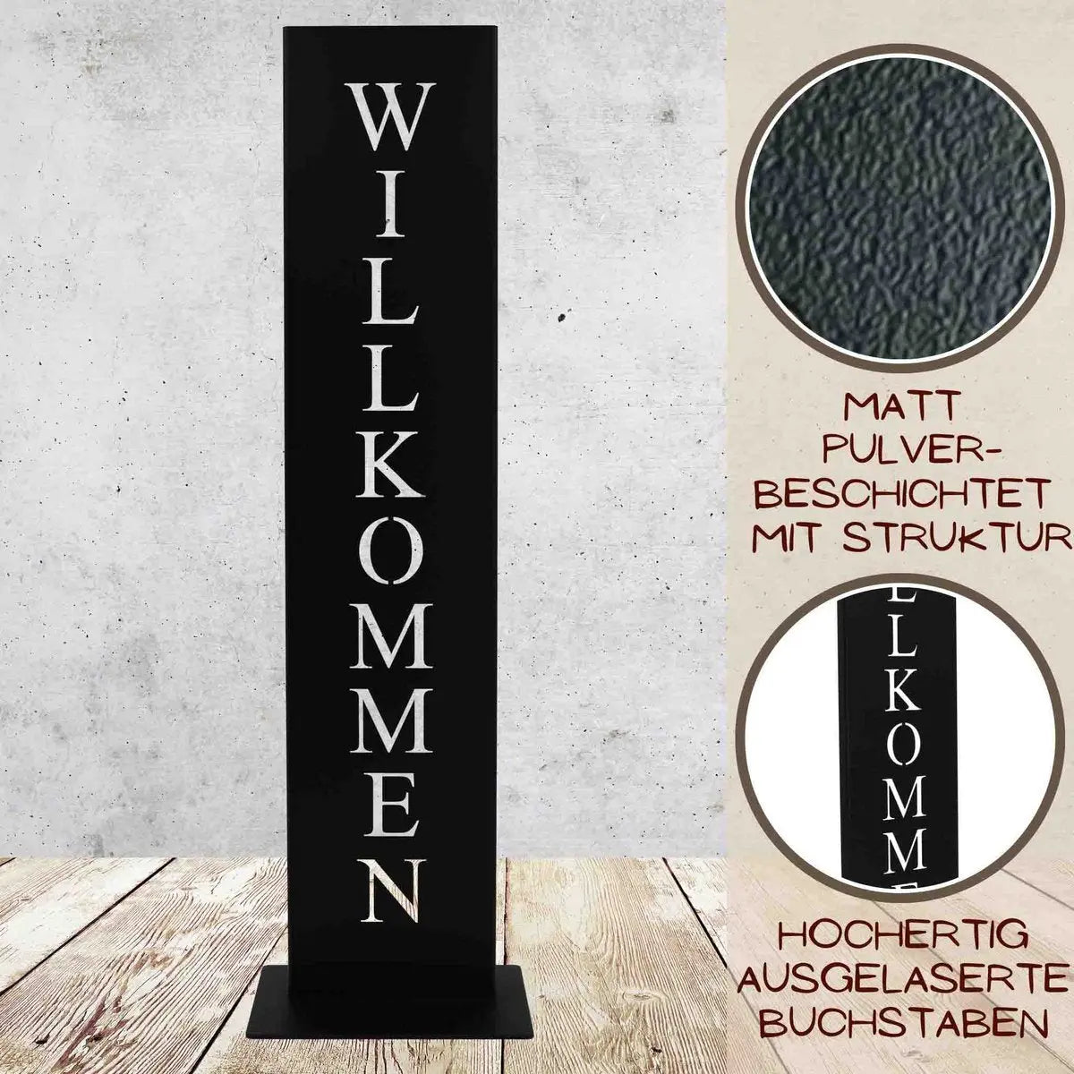 Willkommen Schild schwarz matt – Metall Deko mit Bodenplatte, 71 cm - Pille Gartenwelt