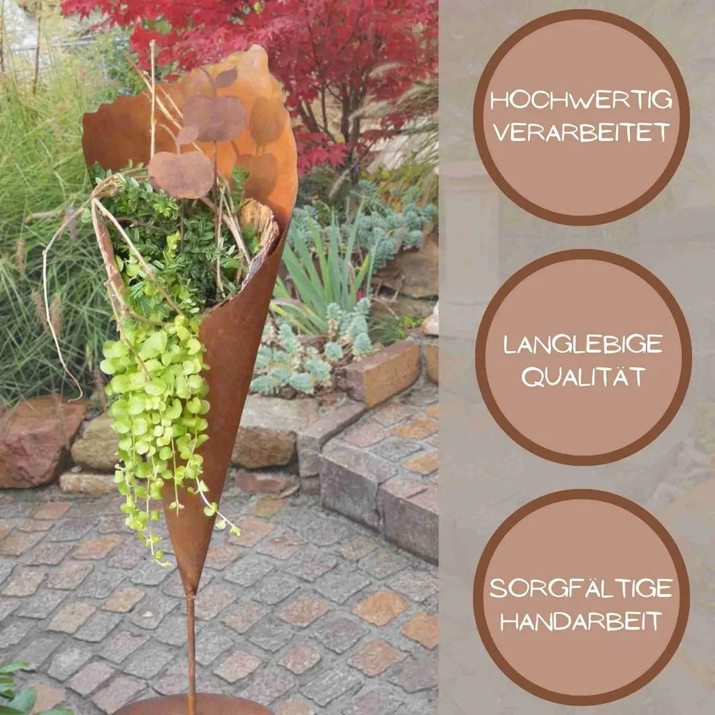 Edelrost Pflanztüte auf Stab mit Bodenplatte – Vintage 69/83 cm - Pille Gartenwelt
