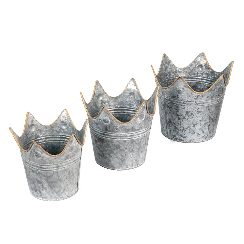 3er Set Pflanztöpfe Ø 24 Ø 21 Ø 19 cm grauer Pflanztopf Krone Metall Clayre & Eef.