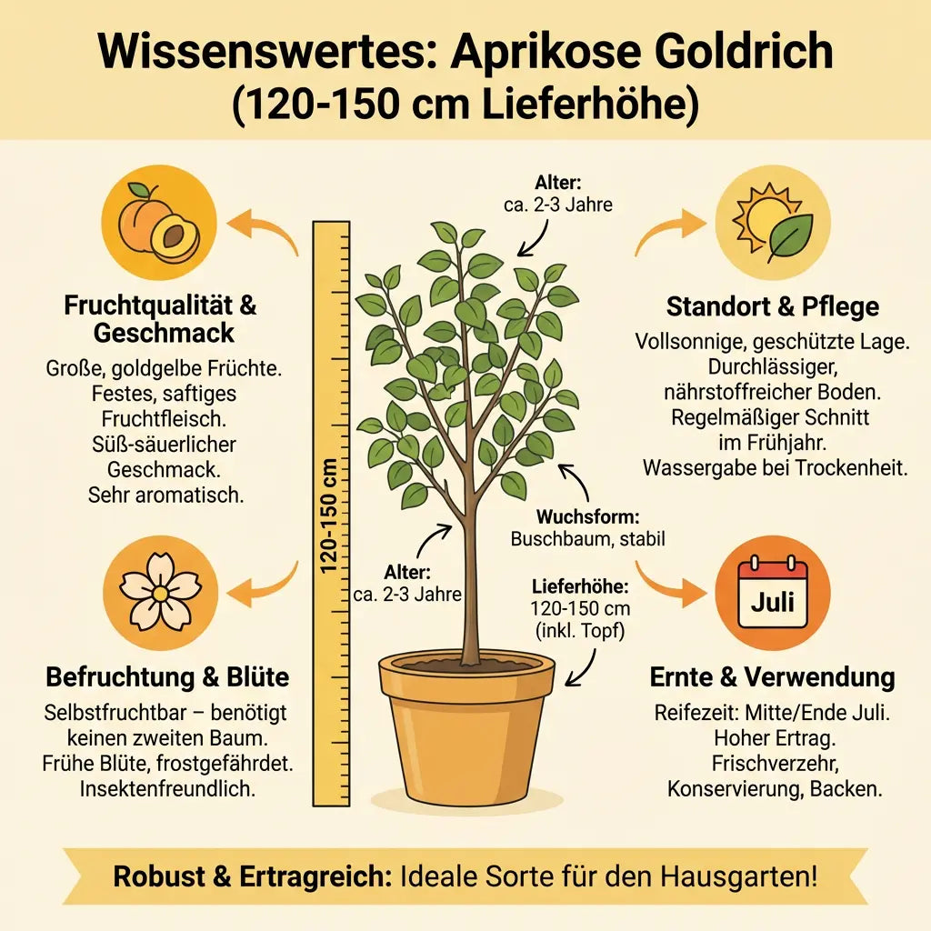 Aprikose Goldrich Obstbaum 120-150 cm 2-jährig süß ca 4m hoch werdend winterhart - Pille Gartenwelt