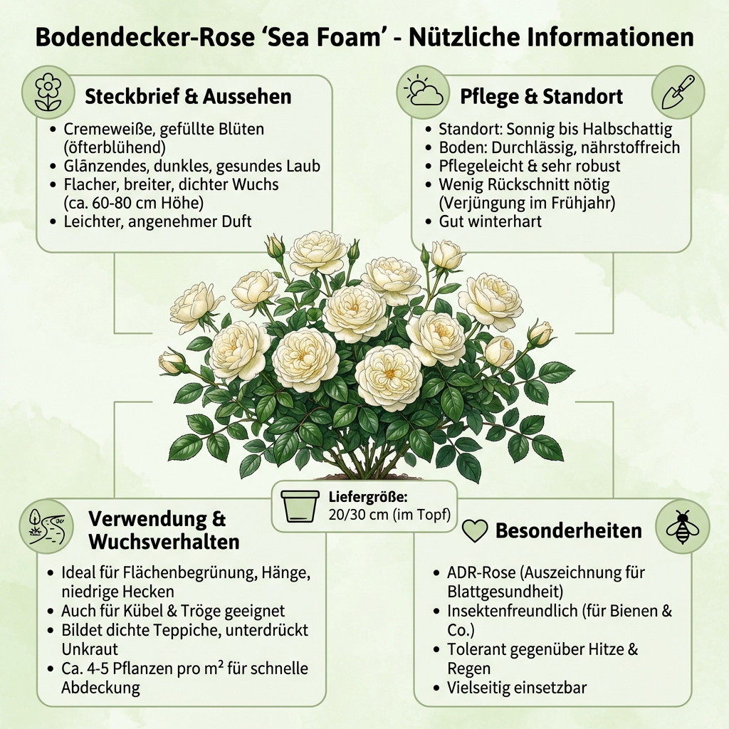 10 x Rosa Sea Foam Bodendecker Rose öfter blühend 20/30cm
