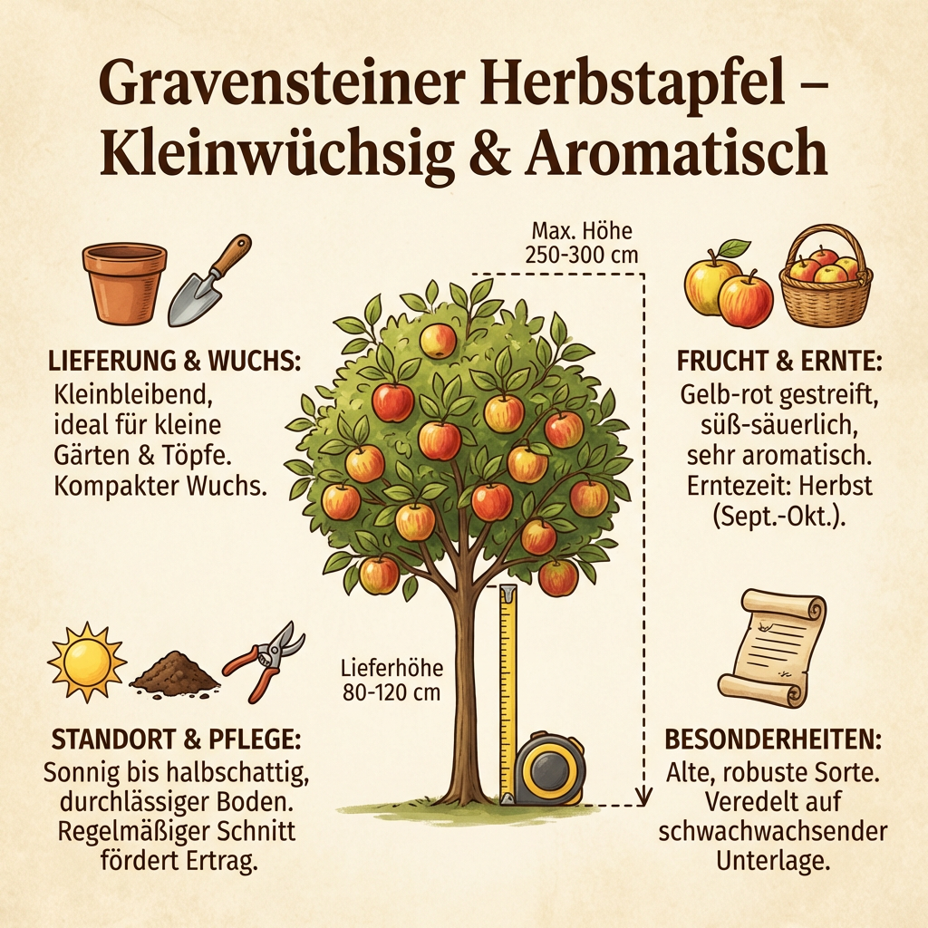 Herbstapfel Gravensteiner Apfelbaum Busch kleinbleibend saftig alte Sorte 80-120 cm