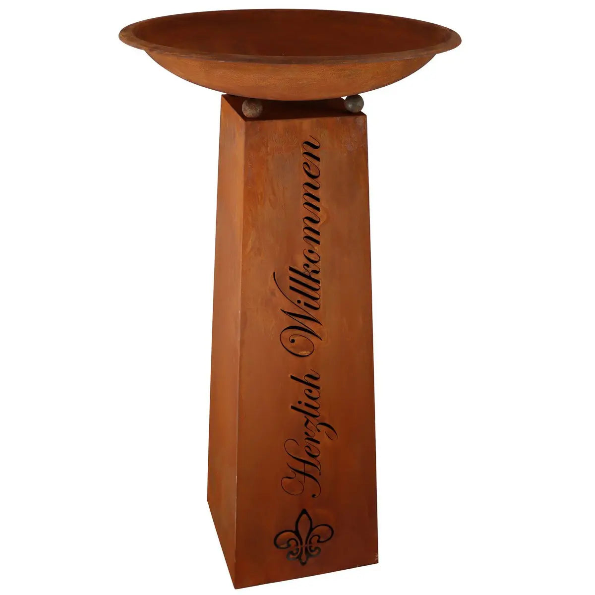 Edelrost Dekosäule „Herzlich Willkommen“ mit optionaler Schale - Pille Gartenwelt