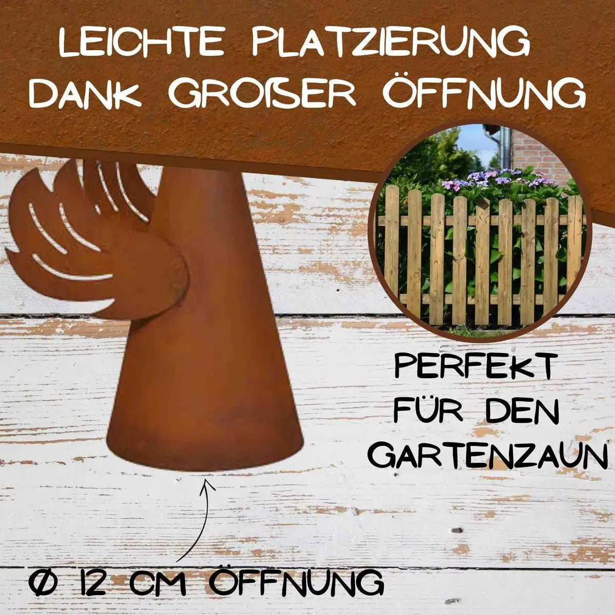 Edelrost Zaunhocker Hahn – Pfostenhocker aus Metall, Rost Gartendeko 33 cm - Pille Gartenwelt