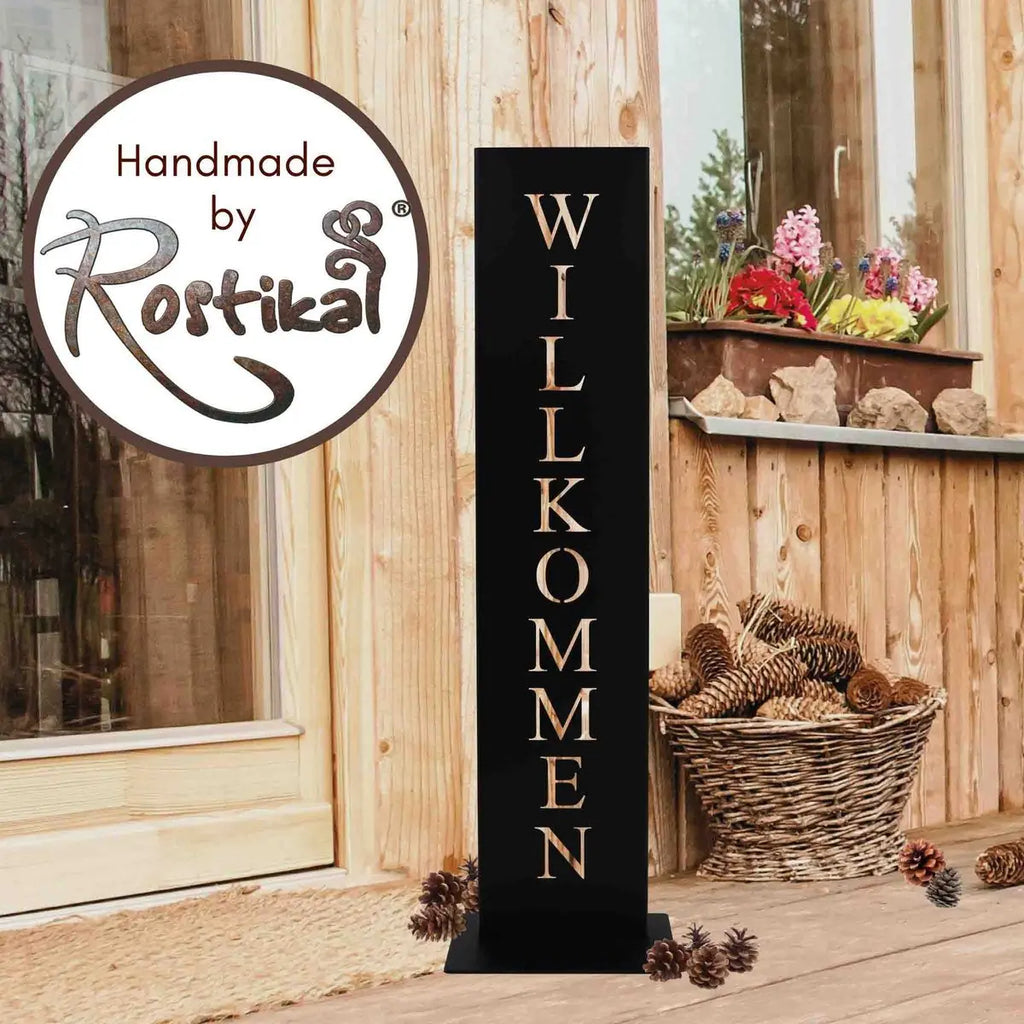Willkommen Schild schwarz matt – Metall Deko mit Bodenplatte, 71 cm - Pille Gartenwelt
