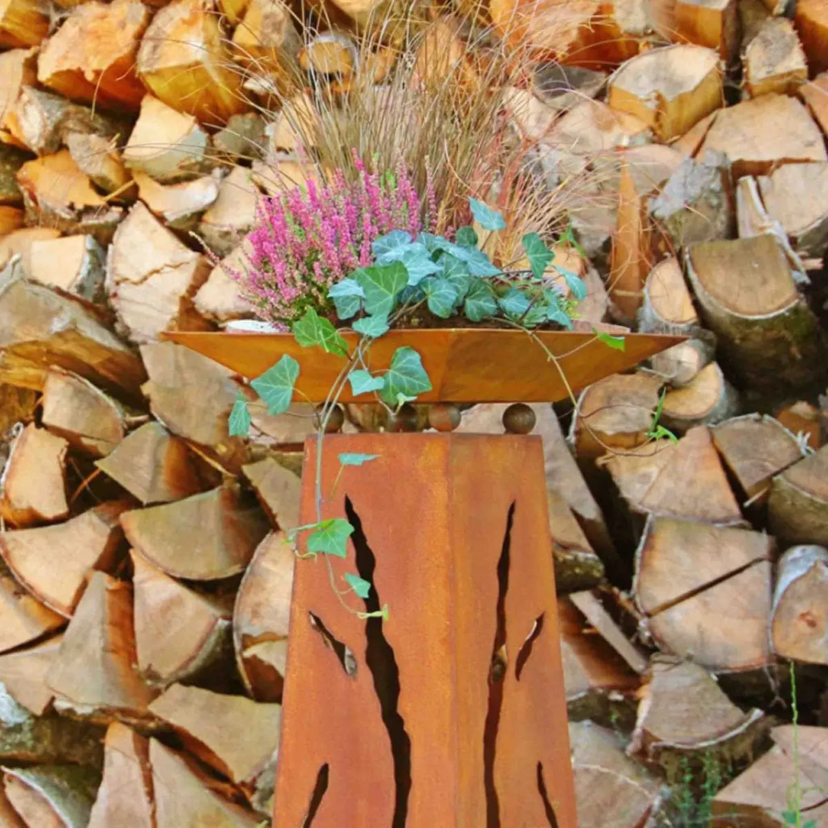 Edelrost Rostsäule 1 m mit Rissmotiv & Schale – 6 Varianten Vintage - Pille Gartenwelt