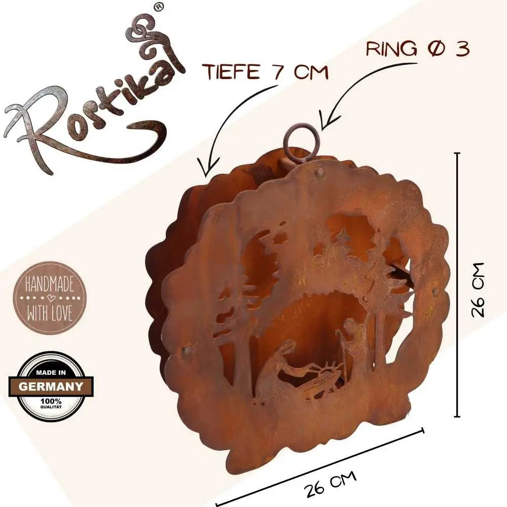 Edelrost Weihnachtskrippe zum Hängen mit Teelichthalter 26 cm - Pille Gartenwelt