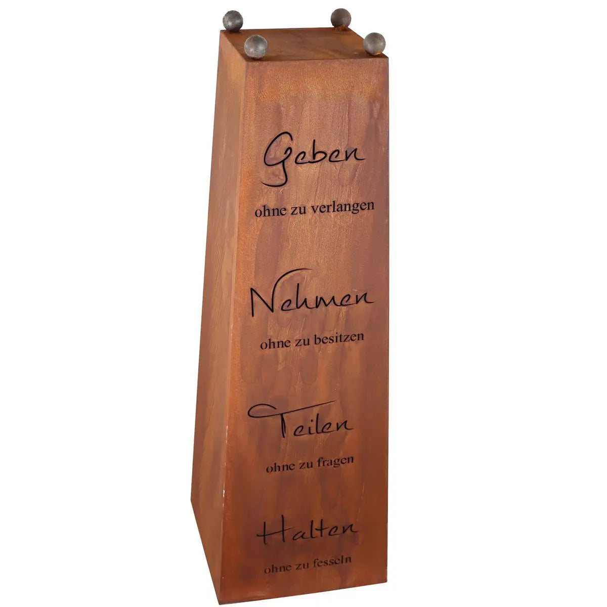 Edelrost Säule „Geben, Nehmen …“ mit Pflanzschale – 1 m - Pille Gartenwelt