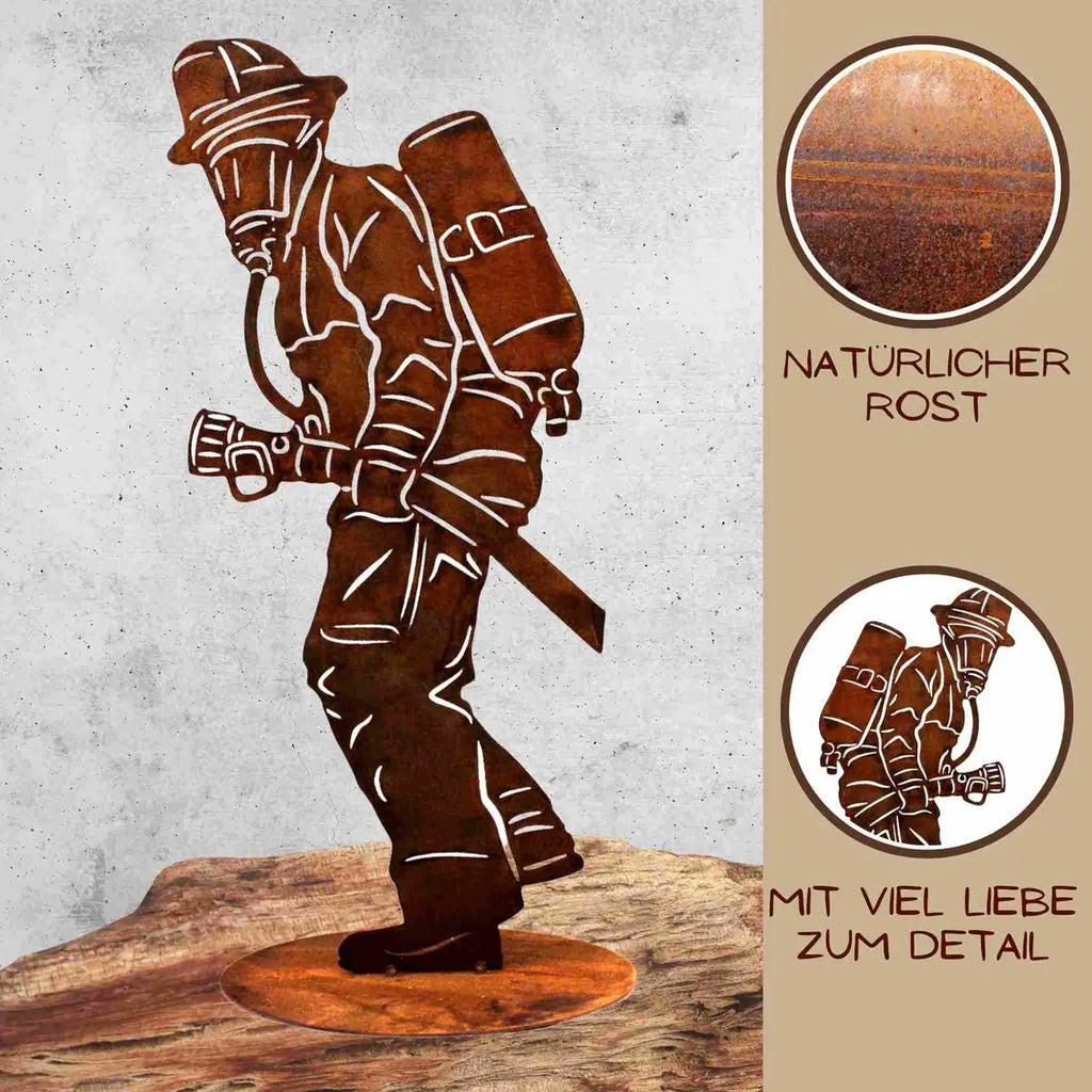 Edelrost Feuerwehrmann Skulptur – 20 cm oder 40 cm mit Bodenplatte - Pille Gartenwelt